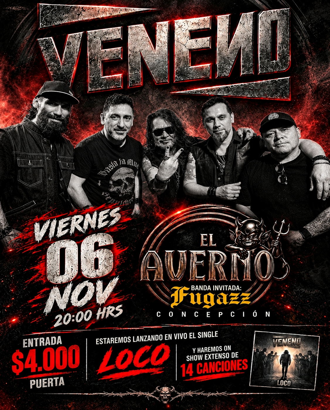 Afiche oficial Veneno — Noche de Metal y Fuego · El Averno 2026